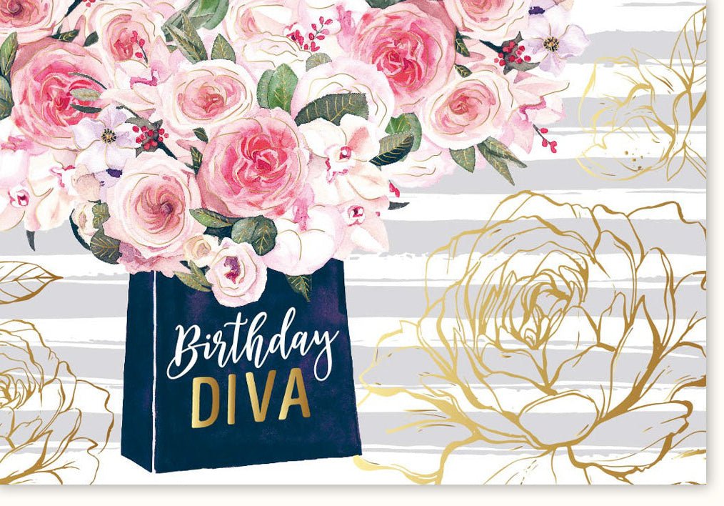 Geburtstags - Doppelkarte für Sie: Elegante Diva Glückwunschkarte mit Blumen und Gold Schriftzug, Rosa Design, Edle Gratulationskarte zur Feier
