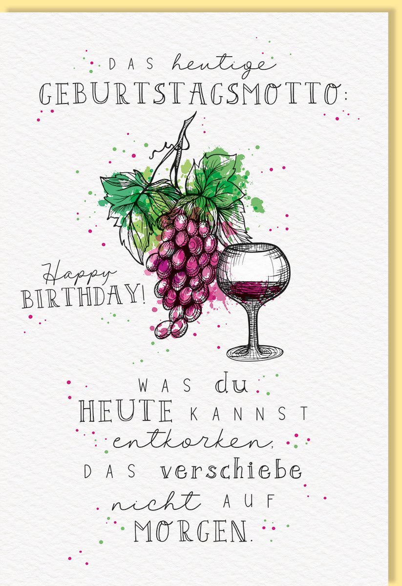Geburtstags - Doppelkarte für Weinliebhaber: Handgeschriebene Glückwunschkarte mit Weintrauben & Weinglas Illustration, Naturkarton in Lila & Grün, Stilvolle & Elegante Toast - Gratulationskarte aus Umweltfreundlichem Material, Ideal für Erwachsene Feiern