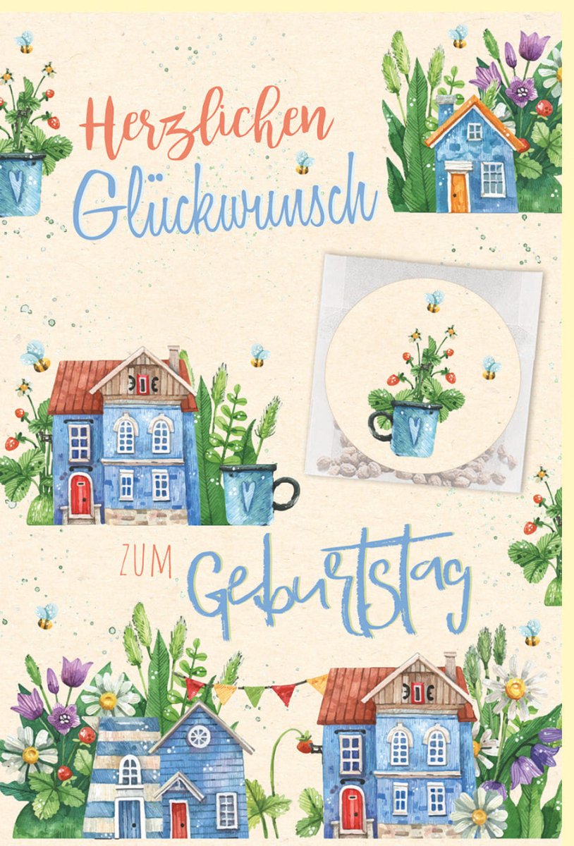 Geburtstags - Doppelkarte: Handgemachte Glückwunschkarte mit Häuser - & Blumenmotiv, Naturfreundliches Zuckerrohrpapier, Samentütchen & Aufkleber, Kreativ & Originell für Erwachsene und Kinder in Blau/Grün