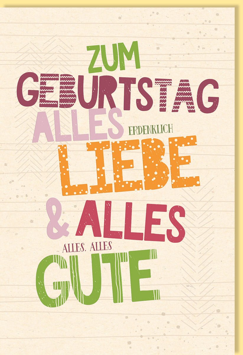 Geburtstags - Doppelkarte: Handgemachte Schriftkarte aus Zuckerrohrpapier, Bunte Typografie, Nachhaltig & Umweltfreundlich, Hochwertiges Design für Freunde & Familie, Neutral Beige - 1 Stück