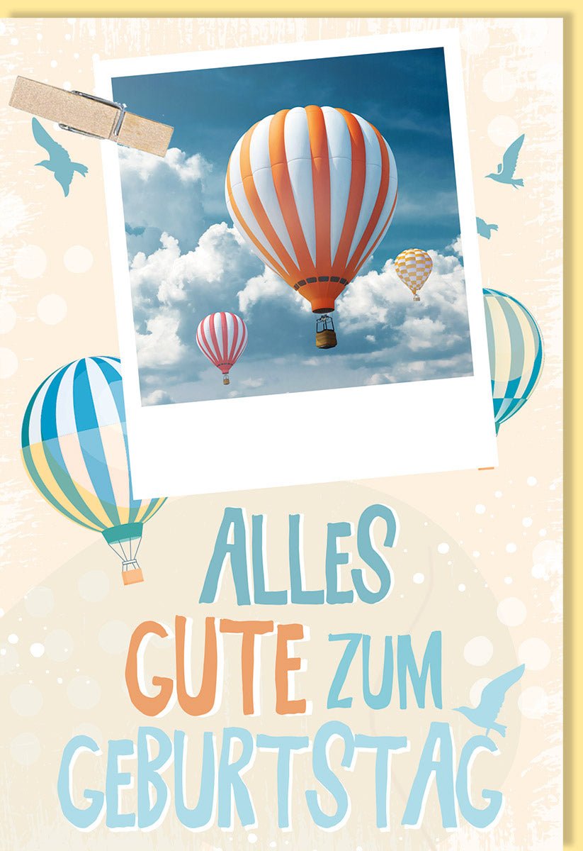Geburtstags - Doppelkarte Heißluftballon: Glückwünsche im Himmel, Gratulation & Freude, Festliche Ballonfahrt - Grußkarte mit Wolken - Motiv