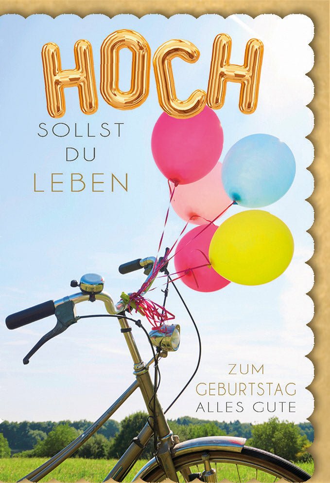 Geburtstags - Doppelkarte "Hoch sollst du leben" - Freude & Feier mit Ballons, Fahrrad, Naturmotiv, Himmel & Wiese, Text für Glückwünsche