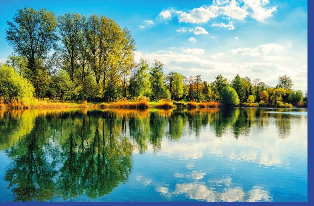 Geburtstags - Doppelkarte "Idyllische Seelandschaft": Naturblick mit Reflexion, Bäume, Himmel & Wolken – Postkarte für Ruhe und Entspannung, Glückwunschkarte mit Skorpion - Motiv für Frieden & Harmonie