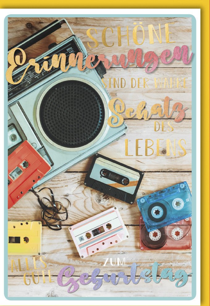 Geburtstags - Doppelkarte im Retro - Design | Kassettenrecorder - Motiv | Vintage Musik & Audio Nostalgie | Glückwunsch & Lebensweisheit