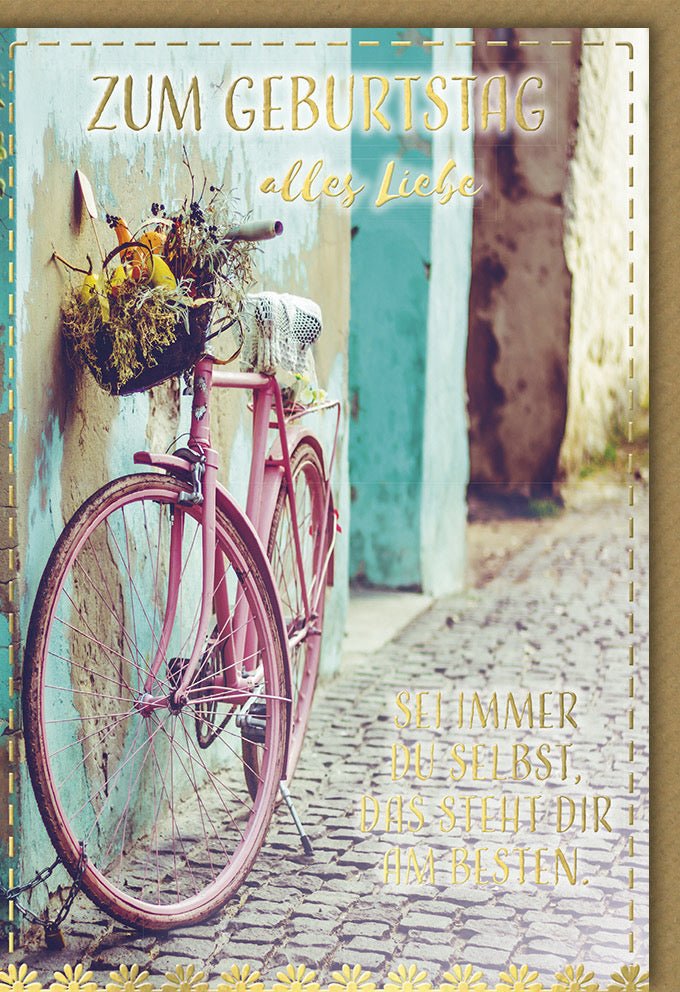 Geburtstags - Doppelkarte im Vintage - Stil mit Fahrrad & Blumenmotiv - Nostalgische Retro Glückwunschkarte