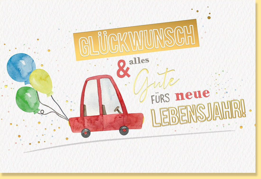 Geburtstags - Doppelkarte mit Auto & Luftballons, Handgemaltes Aquarell - Design auf Naturkarton mit Goldfolie, Festliche Gratulationskarte