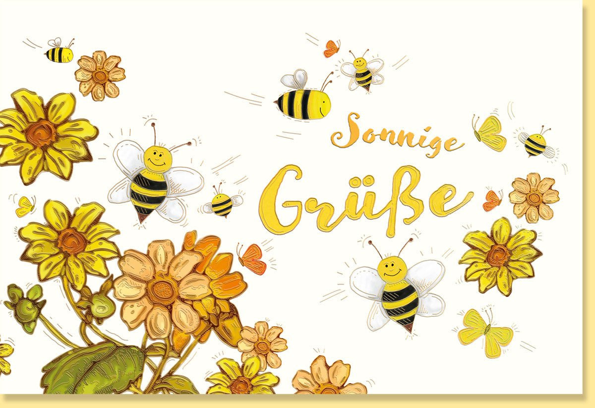 Geburtstags - Doppelkarte mit Blumen & Bienen, Naturkarton mit Goldfolie & Blindprägung, Umweltfreundliche Glückwunsch - Karte, Handgefertigt