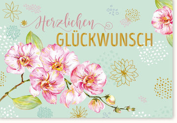 Geburtstags - Doppelkarte mit Blumen Illustration und Moderner Kalligrafie - Herzlichen Glückwunsch, Pastellfarben Design Grußkarte