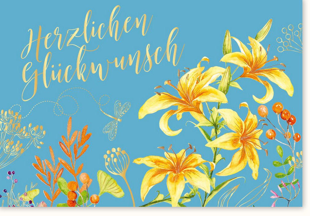 Geburtstags - Doppelkarte mit Blumenmotiv: Elegante Glückwunschkarte in Schreibschrift, Farbenfrohes Florales Design in Gelb & Blau, Perfekt für Gratulationen & Festlichkeiten - Hochwertige Grußkarte