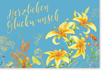 Geburtstags - Doppelkarte mit Blumenmotiv: Elegante Glückwunschkarte in Schreibschrift, Farbenfrohes Florales Design in Gelb & Blau, Perfekt für Gratulationen & Festlichkeiten - Hochwertige Grußkarte