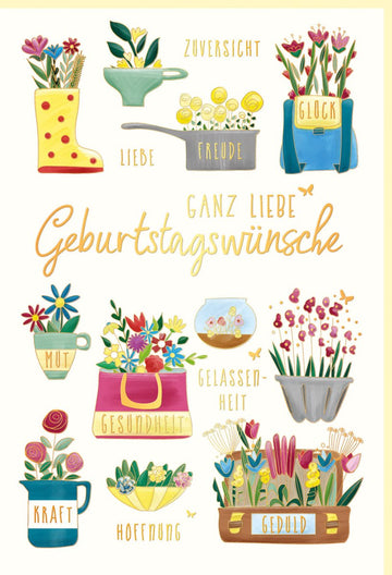 Geburtstags - Doppelkarte mit Blumenmotiv - Naturkarton, Goldfolie & Blindprägung - Wünsche für Liebe, Glück & Gesundheit