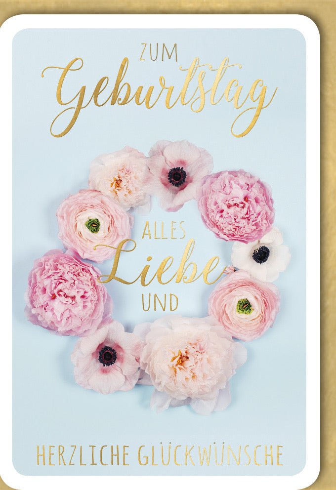 Geburtstags - Doppelkarte mit Blumenmuster: Elegante Rosa Pfingstrosen, Goldschrift & Herzliche Wünsche
