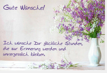 Geburtstags - Doppelkarte mit Blumenvase - Motiv - Glückwünsche & Spruch für Stunden Glücklicher Feier - Grußkarte mit Textbotschaft, Schriftzug & Blumen für Freude am Festlichkeitstag