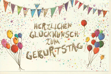 Geburtstags - Doppelkarte mit bunten Ballons, Konfetti & Wimpelkette – Herzlichen Glückwunsch & Festliche Celebration – Happy Birthday Grußkarte