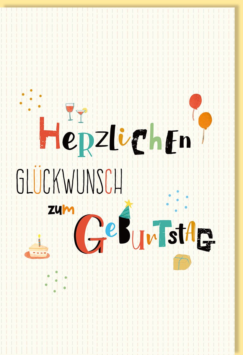 Geburtstags - Doppelkarte mit bunten Ballons & Torte - Glückwunschkarte mit Sekt Cheers Illustration, Celebration Happy Birthday Gruß
