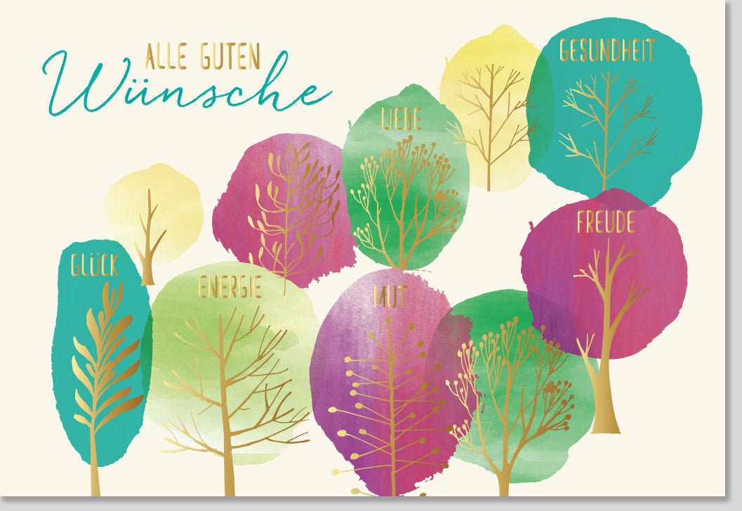 Geburtstags - Doppelkarte mit bunten Bäumen – Farbenfrohe Glückwunschkarte für alle Anlässe, Natur - Design Grußkarte mit Umschlag, Festliche Papeterie für Geburtstag & Feier, Celebration Wishes Card