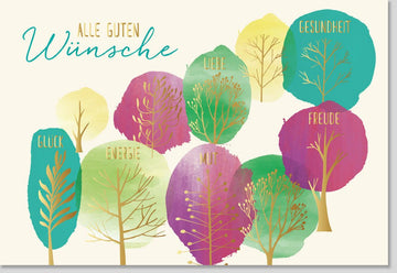 Geburtstags - Doppelkarte mit bunten Bäumen – Farbenfrohe Glückwunschkarte für alle Anlässe, Natur - Design Grußkarte mit Umschlag, Festliche Papeterie für Geburtstag & Feier, Celebration Wishes Card