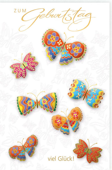 Geburtstags - Doppelkarte mit bunten Schmetterlingen – Glückwunschkarte für Festliche Gratulation & Feier, Viel Glück Gruß