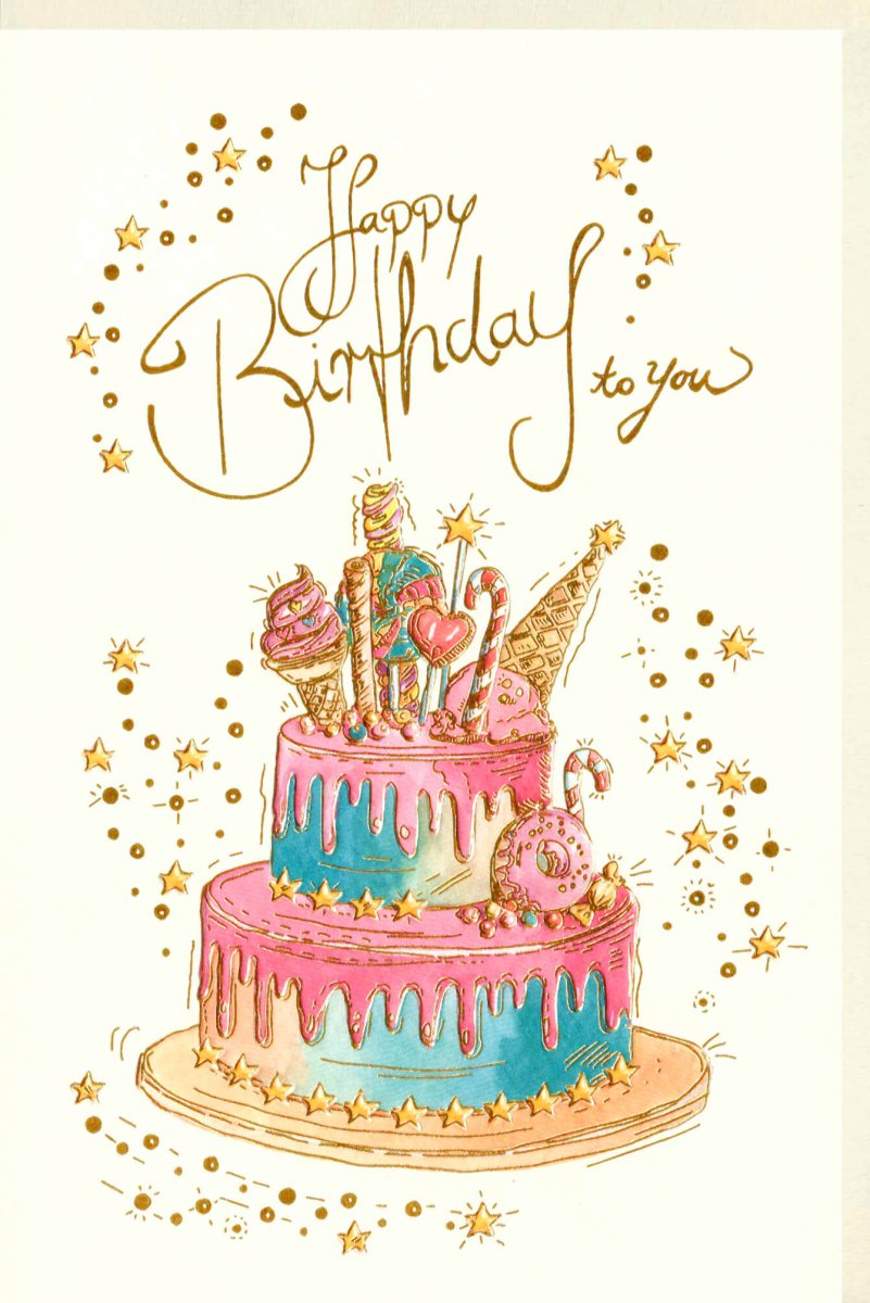 Geburtstags - Doppelkarte mit bunter Torte & Kerzen – Glückwunsch & Feierlichkeit, Sterne, Happy Birthday Gratulation – Festliche Grußkarte