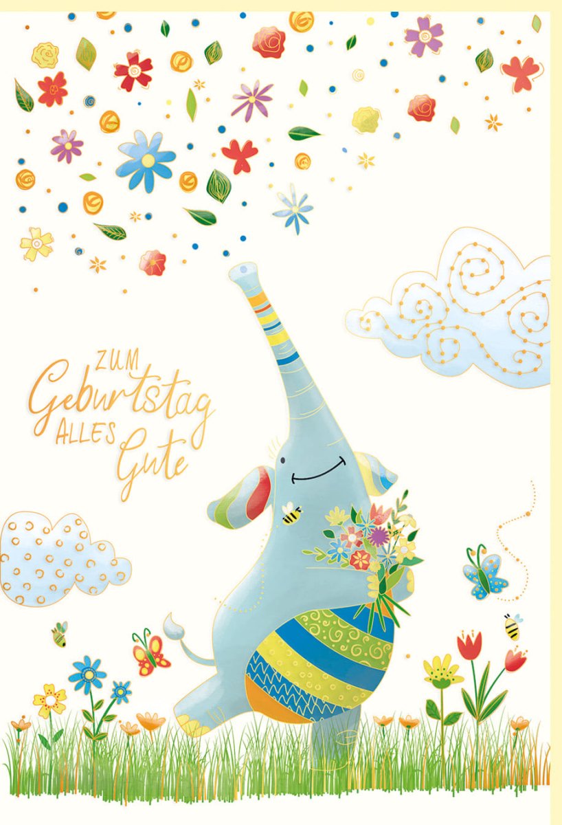 Geburtstags - Doppelkarte mit Elefant & Blumen, Naturkarton mit Goldfolie & Blindprägung, Festliche Illustration für Kinder & Erwachsene