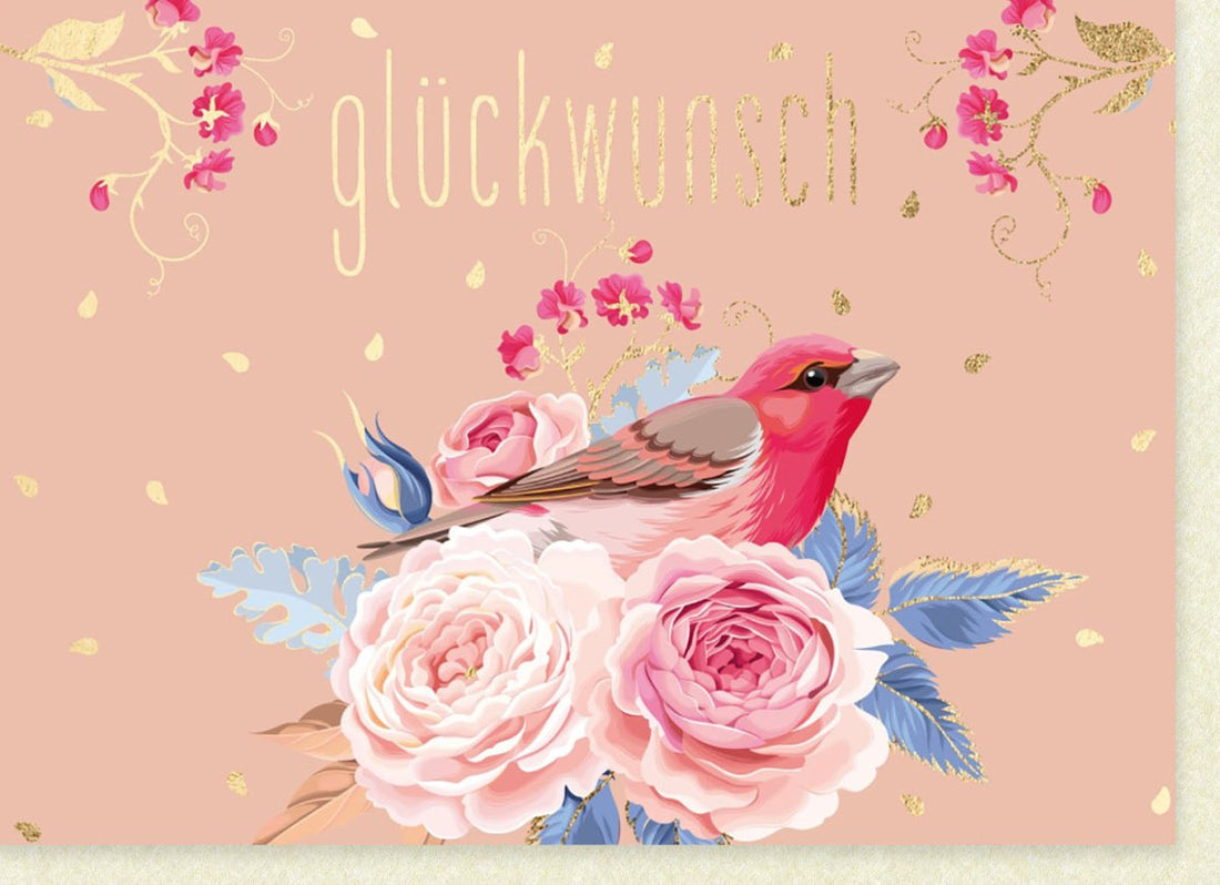 Geburtstags - Doppelkarte mit Elegantem Rosenmotiv und Rotem Vogel – Allgemeine Glückwunsch - & Grußkarte für Jeden Anlass, Feierliche Blumen Papeterie