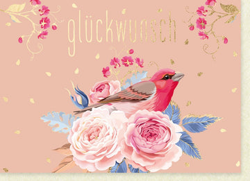 Geburtstags - Doppelkarte mit Elegantem Rosenmotiv und Rotem Vogel – Allgemeine Glückwunsch - & Grußkarte für Jeden Anlass, Feierliche Blumen Papeterie