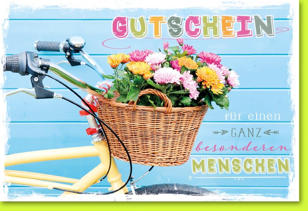 Geburtstags - Doppelkarte mit Fahrrad & Blumenkorb Motiv – Farbenfroher Gutscheincode für Besondere Menschen, Geschenkkarte zum Gratulieren & Freude Schenken