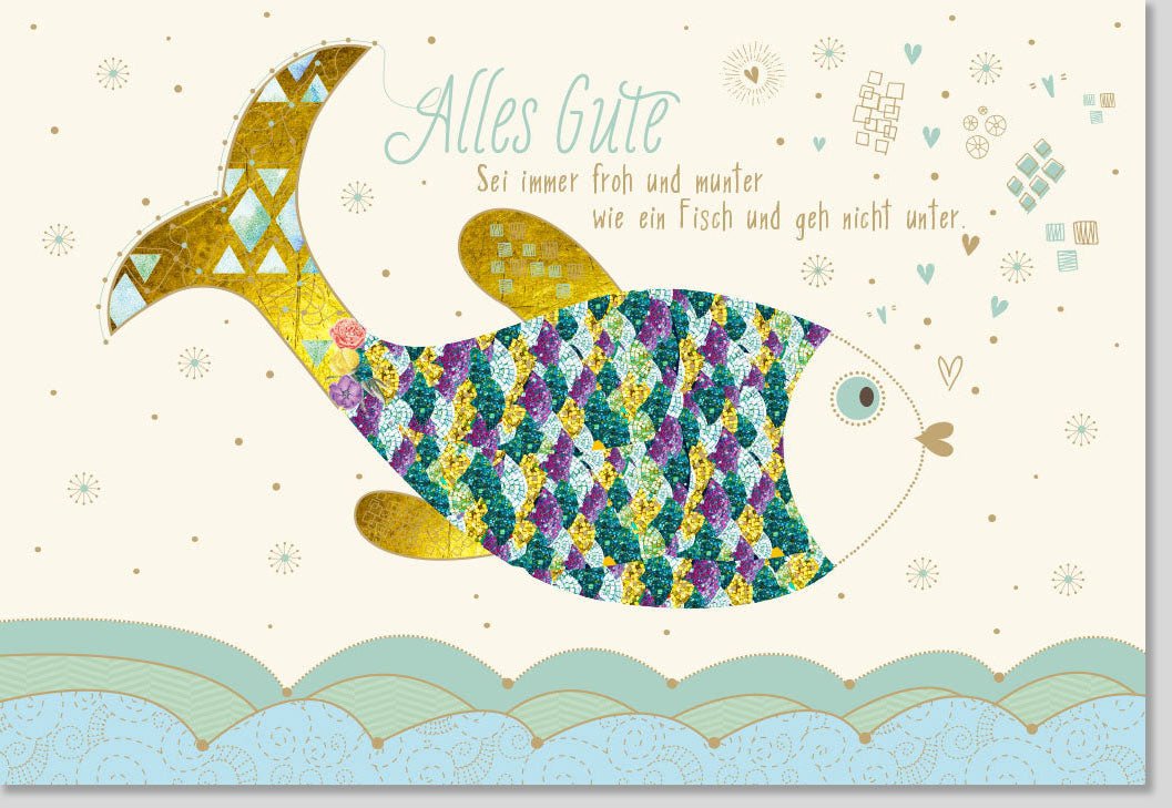 Geburtstags - Doppelkarte mit farbenfrohem Fisch - Motiv und Munter - Mach - Spruch, Glückwünsche, Meerestiere - Design, Feier - Geschenk