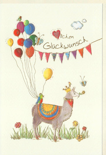 Geburtstags - Doppelkarte mit fröhlichem Lama & Ballons – Herzlichen Glückwunsch, bunte Blumen & Wimpelkette Illustration, Festliche Gratulationskarte