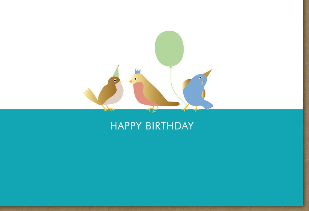 Geburtstags - Doppelkarte mit fröhlichen Vögeln & Luftballons – Bunte Glückwunsch Grußkarte für Feier & Gratulation, Happy Birthday Design