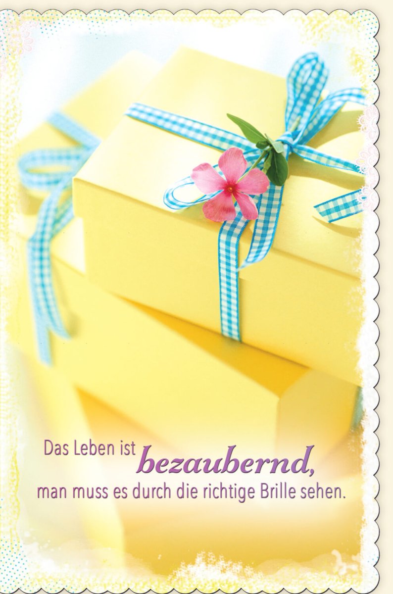 Geburtstags - Doppelkarte mit gelber Blume & Schleife – Fröhliche Grußkarte voller Lebensfreude und Optimismus, Inspirierende Textbotschaft für Glückwünsche und Gratulation – 145 Zeichen