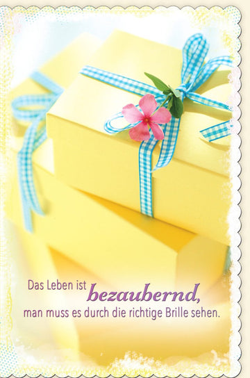 Geburtstags - Doppelkarte mit gelber Blume & Schleife – Fröhliche Grußkarte voller Lebensfreude und Optimismus, Inspirierende Textbotschaft für Glückwünsche und Gratulation – 145 Zeichen