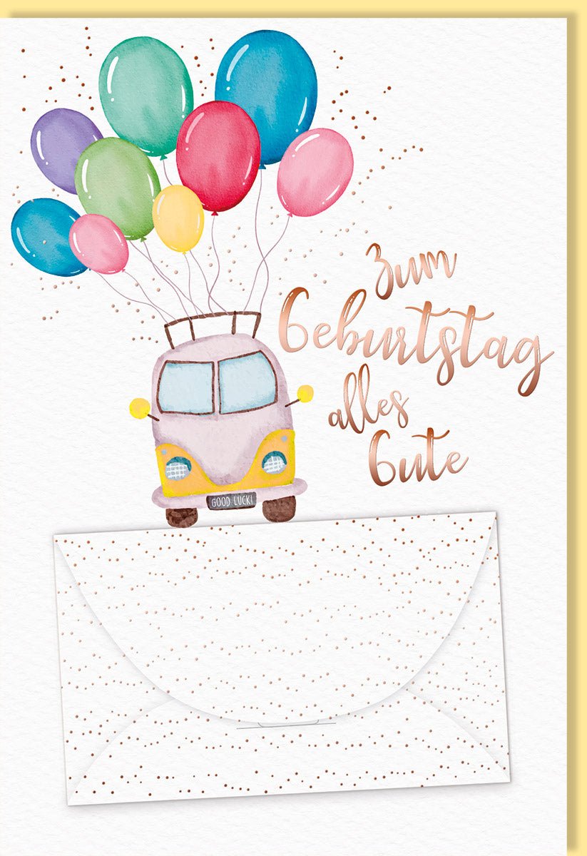 Geburtstags - Doppelkarte mit Geldgeschenk - Funktion - Bunte Bus & Luftballons Motive auf Naturkarton, Kreative Geldverpackung & Glückwunschkarte, Originelle Geschenkidee für Kinder & Erwachsene, Rosa