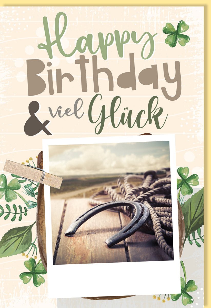 Geburtstags - Doppelkarte mit Glücksmotiven: Hufeisen & Kleeblätter auf Naturkarton, Stanzteil mit Magnetklammer, Grüne Glückwunschkarte für Erwachsene, Unisex – Natürliches Design