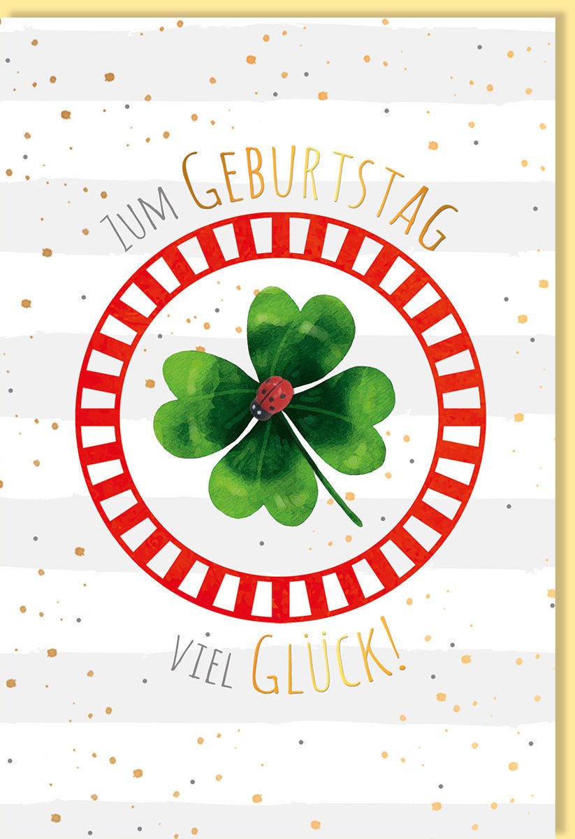Geburtstags - Doppelkarte mit Glücksmotiven: Marienkäfer & Kleeblatt in Goldfolie – Elegante Handgeschriebene Glückwunschkarte für Erwachsene und Kinder, Rot Grün Gold, Natur Glücksbringer Design, Stilvolle Festliche Geburtstagsgruß Celebration Karte