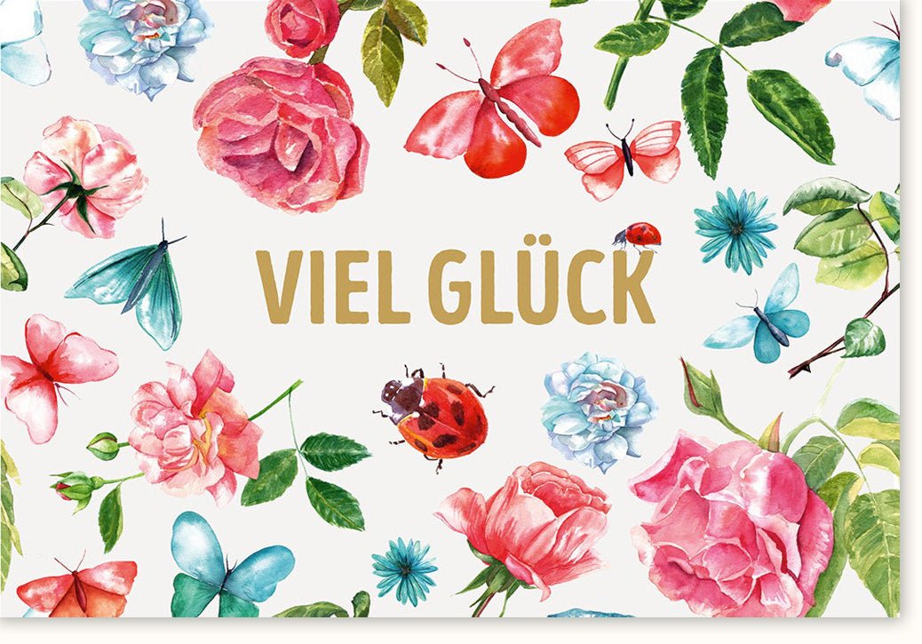 Geburtstags - Doppelkarte mit Glückwünschen – Schmetterlinge & Marienkäfer, Blumenillustration, Natürliches Design für alle Anlässe