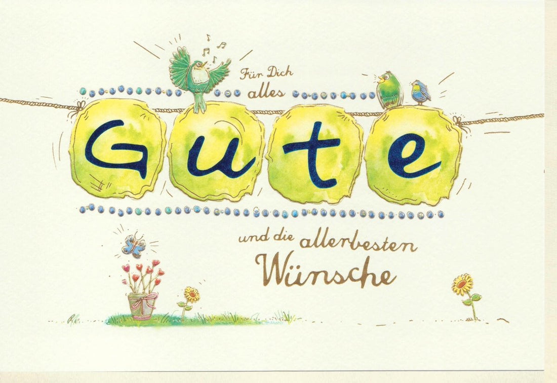 Geburtstags - Doppelkarte mit handgemalter Vogel - und Blumenillustration, Papiertextur & Lampionkette - Glückwünsche & Grüße