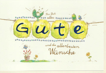 Geburtstags - Doppelkarte mit handgemalter Vogel - und Blumenillustration, Papiertextur & Lampionkette - Glückwünsche & Grüße