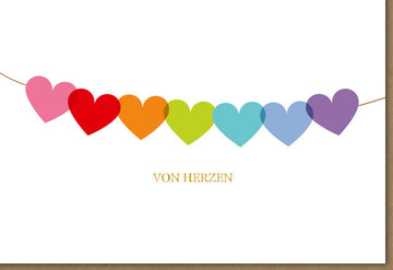 Geburtstags - Doppelkarte mit Herz - Girlande – Liebevolle Glückwünsche, Bunte Farbenfrohe Design Papeterie, Hochwertige Gratulationskarte für Familie & Freunde, Trendiges Kreatives Motiv auf Beigem Hintergrund