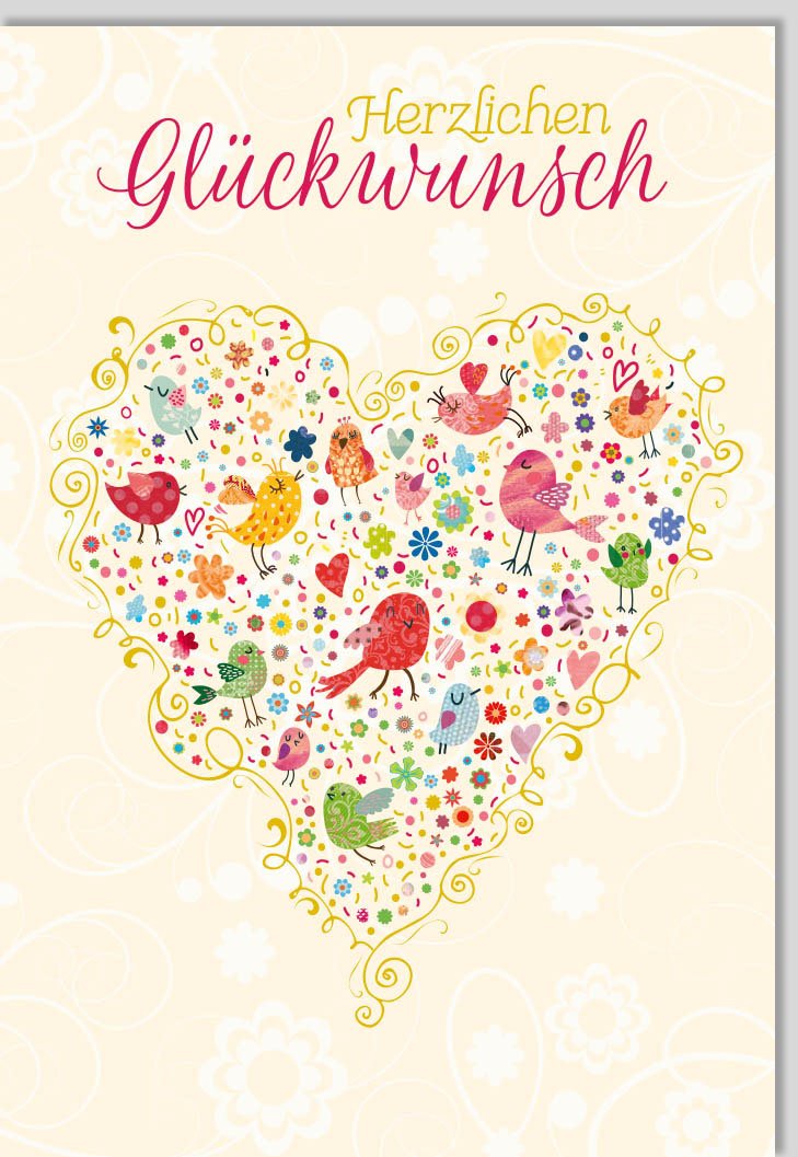 Geburtstags - Doppelkarte mit Herzlichen Glückwunsch - Motiv | Originelle Glückwunschkarte mit Herz, Blumen & Vögeln | Liebevolle Grußkarte, Farbenfroh für Feiern & Congratulations - Perfekt zum Geburtstag
