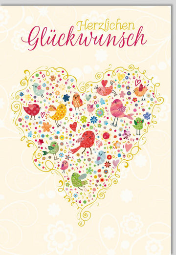 Geburtstags - Doppelkarte mit Herzlichen Glückwunsch - Motiv | Originelle Glückwunschkarte mit Herz, Blumen & Vögeln | Liebevolle Grußkarte, Farbenfroh für Feiern & Congratulations - Perfekt zum Geburtstag
