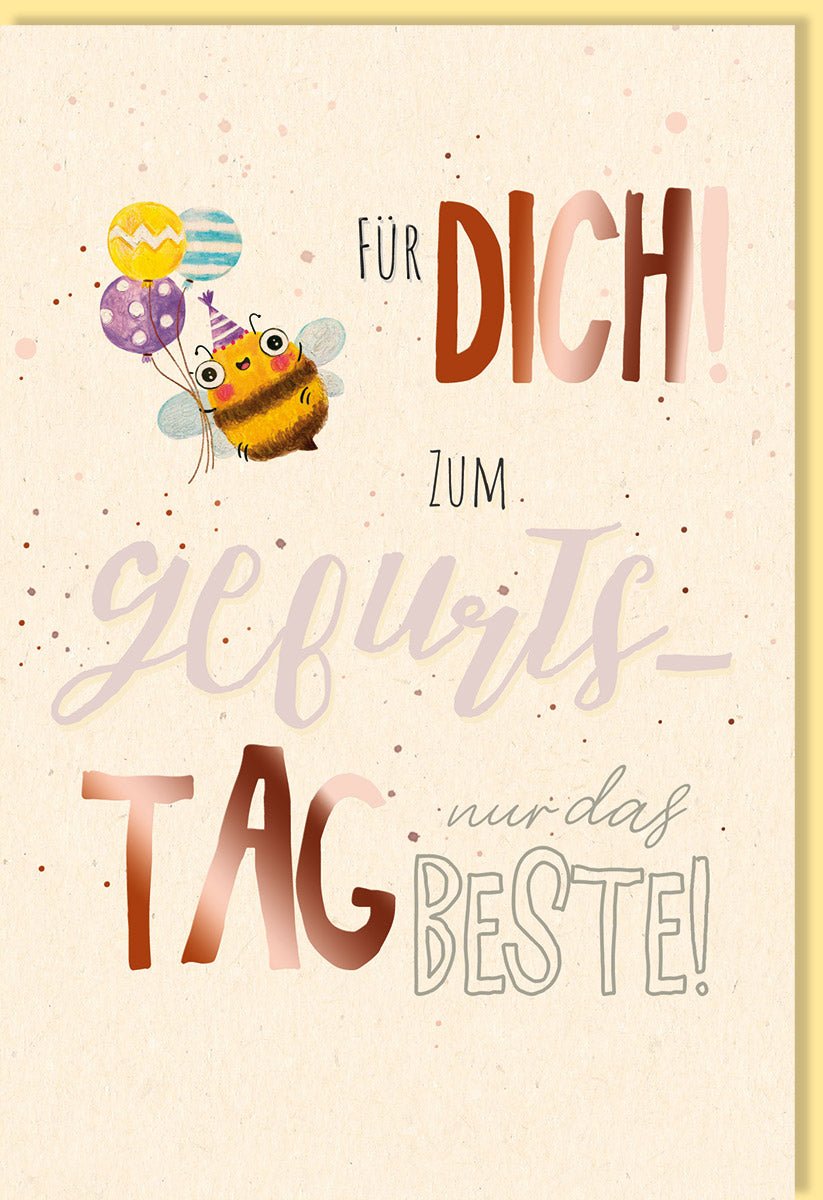 Geburtstags - Doppelkarte mit Hummel und Luftballons – Öko - Freundliche Glückwunschkarte aus Zuckerrohrpapier – Biologisch Abbaubare Grußkarte für Kinder und Erwachsene in Beige