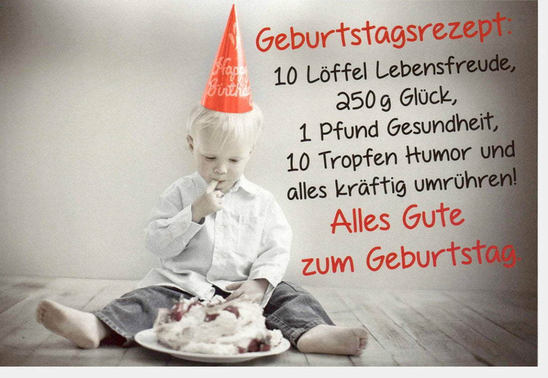Geburtstags - Doppelkarte mit Humorvollem Spruch & Rezept für Lebensfreude - Handgeschriebenes Textdesign, Originelle Glückwunschkarte für Liebe, Glück & Gesundheit, Kreative Gratulationskarte mit Liebevollen Wünschen für Kindergeburtstag & Feierlichkeiten
