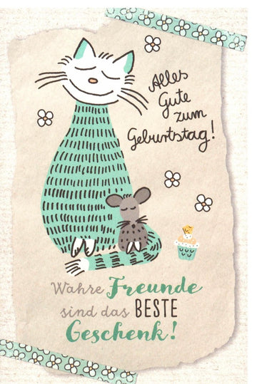 Geburtstags - Doppelkarte mit Katze & Maus Motiv - Handlettering Glückwunschkarte, Freundschafts - Geschenk, Herzlichen Glückwunsch Illustration