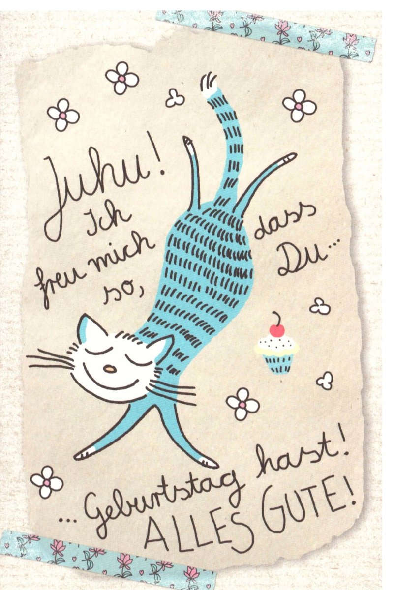 Geburtstags - Doppelkarte mit Katze und Muffin – Lustige Glückwunschkarte, Handgeschriebene Illustration im Vintage - Stil