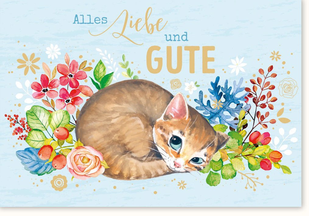 Geburtstags - Doppelkarte mit Katzenmotiv: Farbenfrohe Glückwunschkarte, Blumen & Tierillustration - Niedliche Gratulationskarte für Festlichkeiten, Liebe & Freude, Kreatives Buntes Design Geschenk