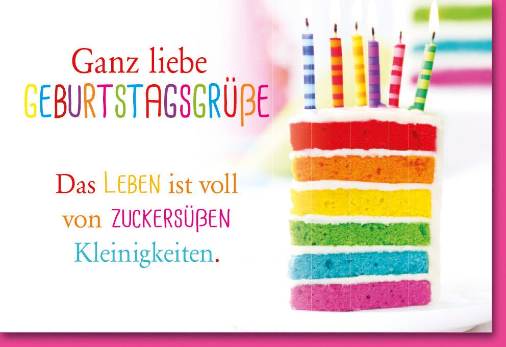 Geburtstags - Doppelkarte mit Kerzen & Kuchen Motiv – Farbenfroher Regenbogen, Liebe Grüße & Zuckersüße Kleinigkeiten