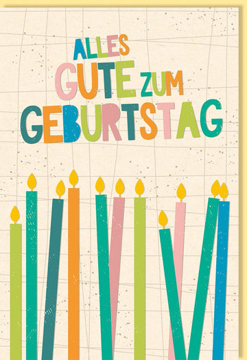 Geburtstags - Doppelkarte mit Kerzenmotiv – Nachhaltige Glückwunschkarte aus Zuckerrohrpapier in bunten Farben, umweltfreundlich für Erwachsene und Jugendliche, Pastelltöne auf beigem Hintergrund, Ideal für Familie und Freunde Feiern