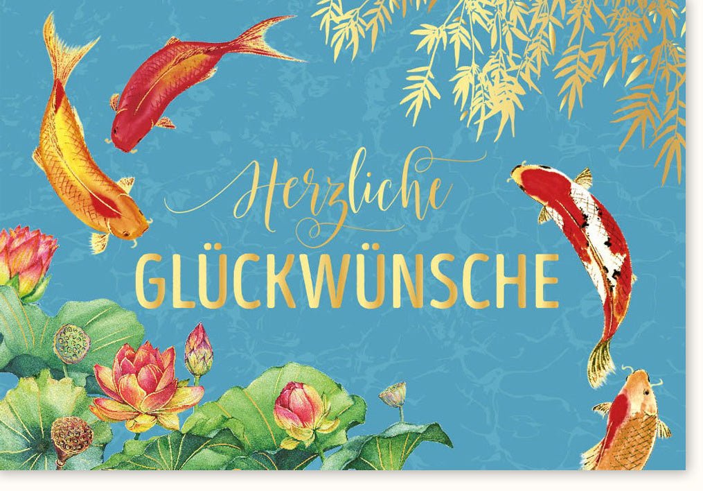 Geburtstags - Doppelkarte mit Koi Fischen & Seerosen - Farbenfrohe Glückwunschkarte zur Gratulation, Wasser & Blumen Motiv, Bunte Grußkarte für Feier & Festlichkeit, Freude & Glück Wünsche Celebration