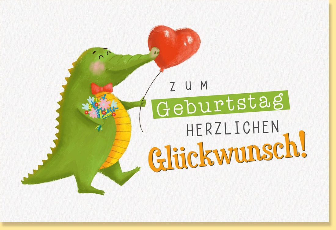 Geburtstags - Doppelkarte mit Krokodil - Motiv, Blumen & Herz - Luftballon – Öko Naturkarton Grußkarte für Kinder & Erwachsene, Grün – Liebevolle Glückwunschkarte